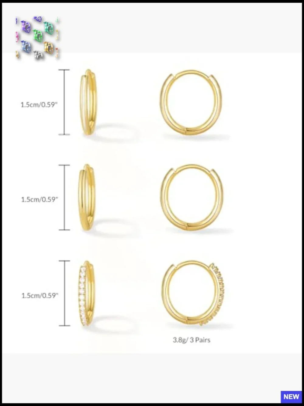 Huggie Hoop Earrings Set 3 Pairs Gold Plated Cubic Zirconia Dainty Lightweight